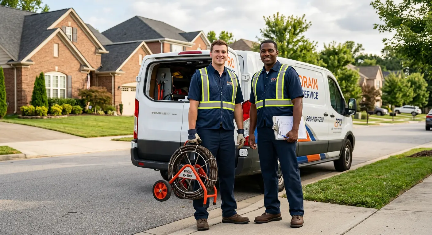 Sewer and drain service team with equipment ready for work in Wheeling