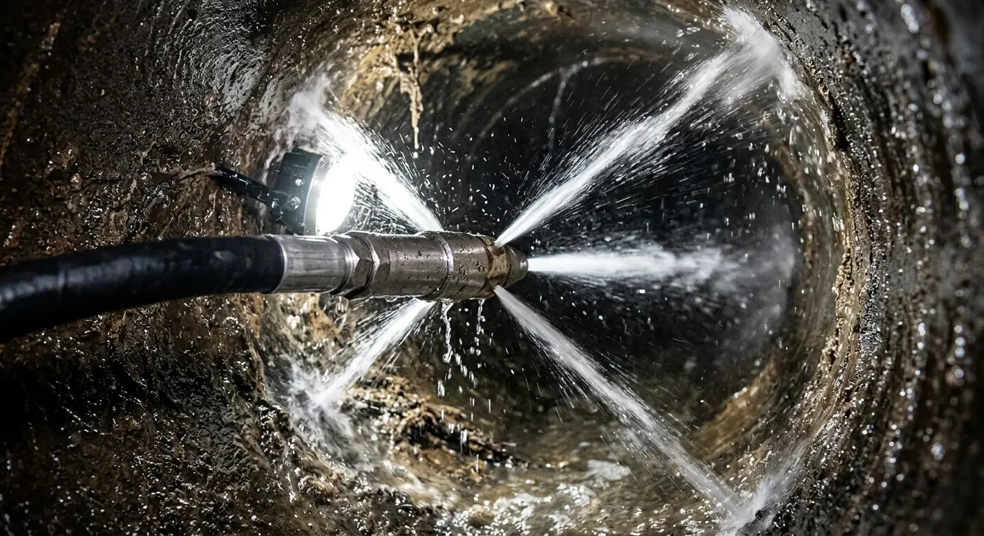 High-pressure hydro jetting nozzle cleaning sewer pipe for Emergency Drain Service in Wheeling